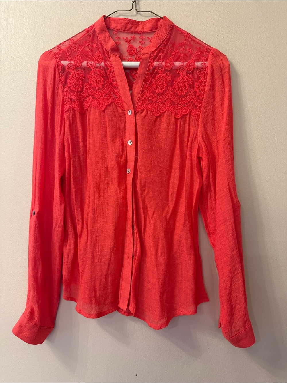 iris Coral Lace Yoke Button-Front Shirt